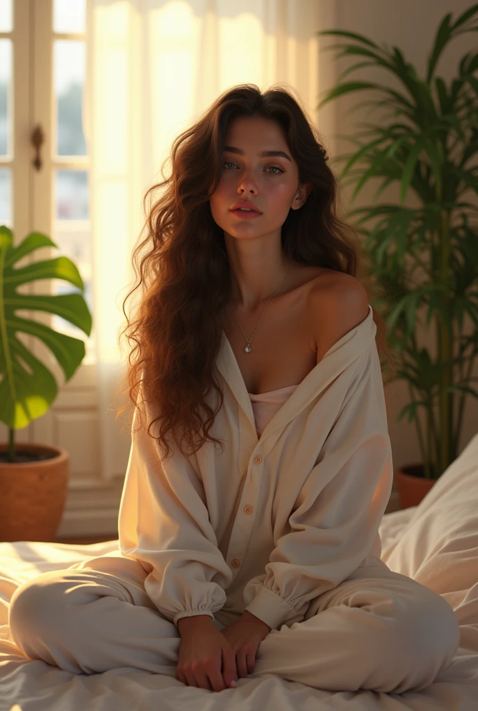 (photorealism:1.2), beautiful woman, sitting on bed, wearing loose off-shoulder top, pajama pants, long curly hair, indoors, soft lighting, plants in background, window with sunlight, cozy room, relaxed pose, realistic, intricate details, warm colors, by Greg Rutkowski, by Alphonse Mucha