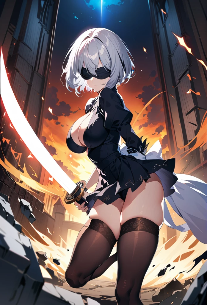 2B Nier Automata,masterpiece, 最high quality, High resolution,  Black clothes 、Black Pantyhose、Dark church at night、Wear a miniskirt、Thin legs、Big Breasts、Slim figure、high quality　CG Tone、Gray Hair、Black blindfold、Short Bob、stylish、Japanese sword、Clothes get torn, action scene, battle scene