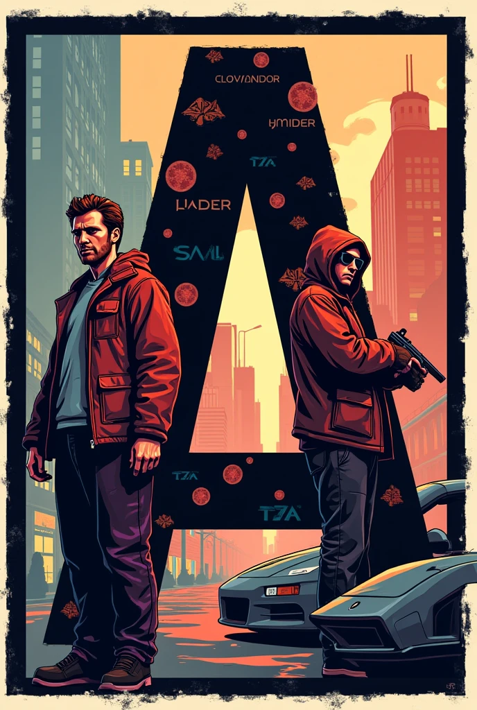 Find posters from gta that can be fit into letter frames of alphabet a