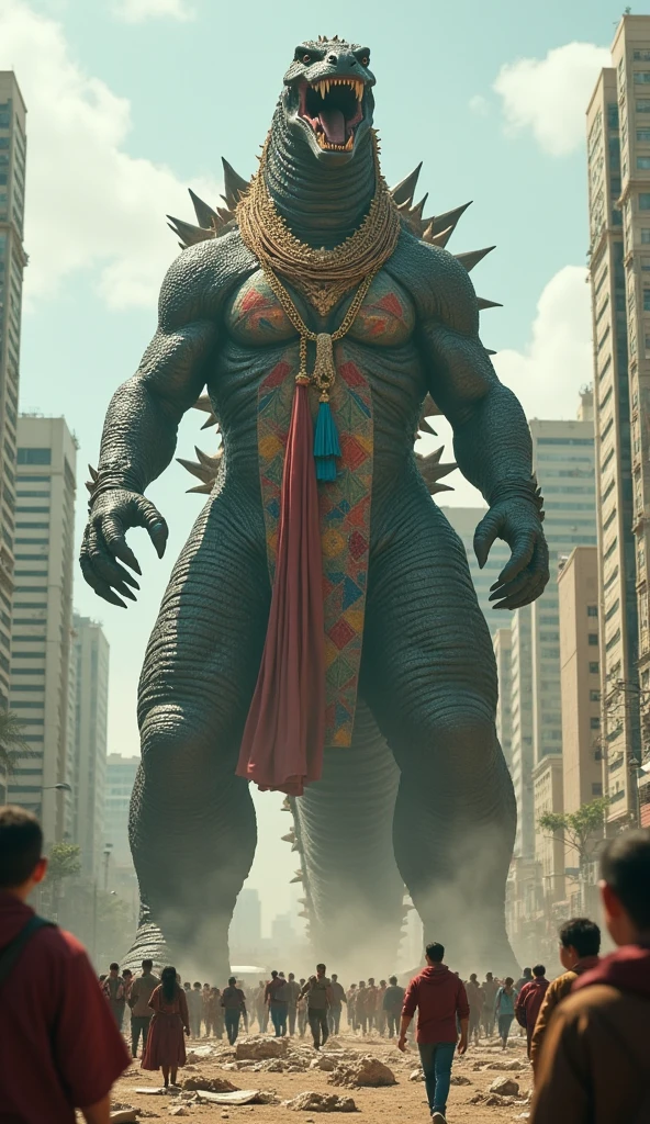 Make me a realistic photo of a giant Godzilla, wearing Israeli clothes, in the middle of a city, attacking humans