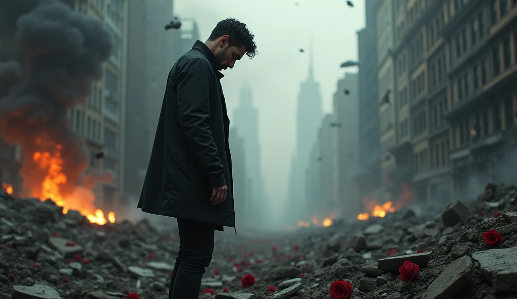 2024; (masterpiece, best quality) destroyed city roses on the floor(New York); flowers on the ground; 1sad man looking Down(close-up); bombs falling from the sky.; fire around.