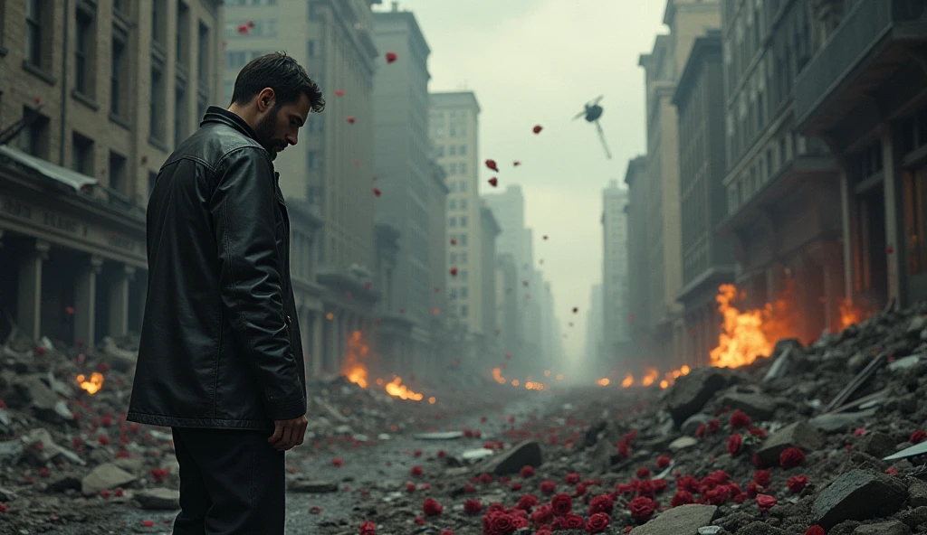 2024; (masterpiece, best quality) destroyed city roses on the floor(New York); flowers on the ground; 1sad man looking Down(close-up); bombs falling from the sky.; fire around.