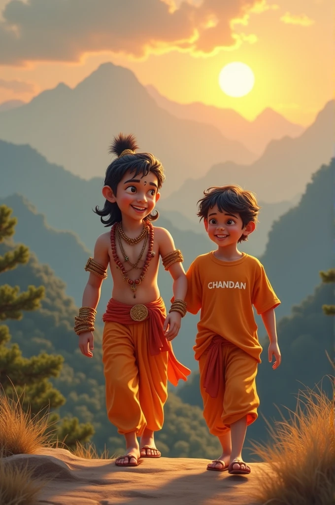 years old boy walking and hanuman coming after him and hanuman's hand putting on Boy head on mountains. Both are smiling. boy is wearing saffron t-shirt and name "CHANDAN" write on it with bold. he looks very realistic, cute, tilak Deccan on your head, and happy. very realistic pictures, high quality picture, realistic mountain, forest moment.sun lights reflection , the words"Happy Hanuman Janmotsav" write top Sky. make sure text must be correct & Visible.