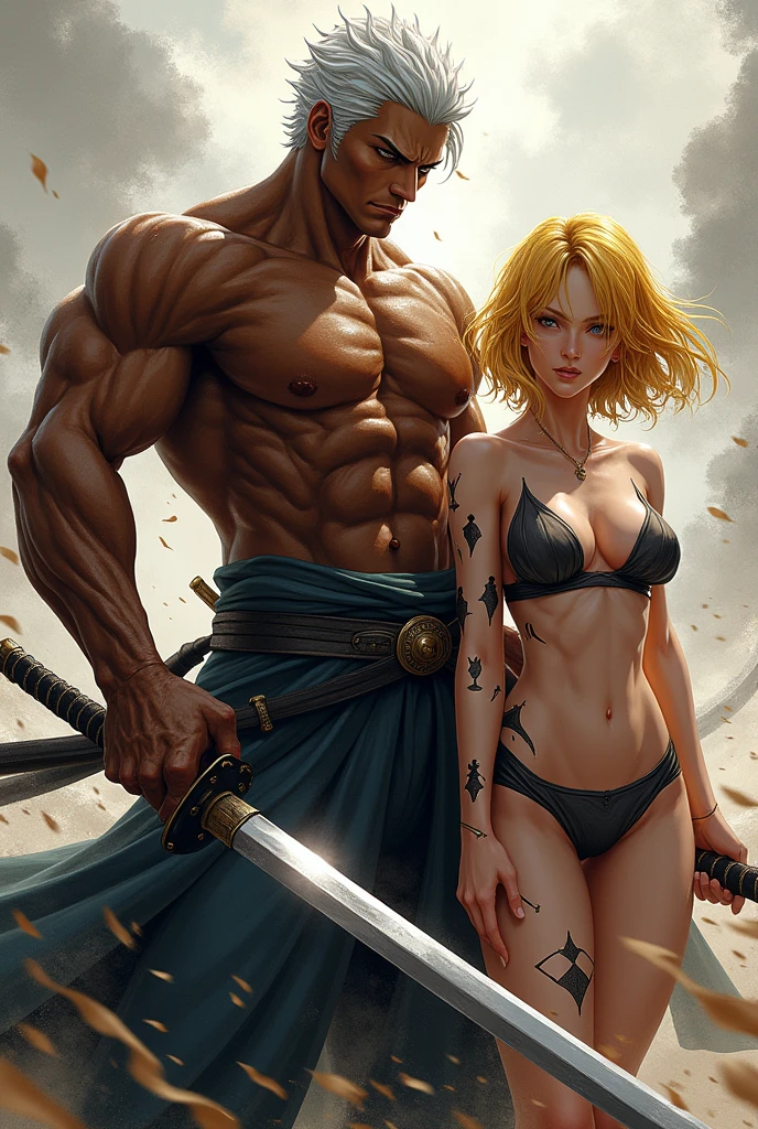 Un guerrier avec trois, sabres, l'homme est noir, il a les cheveux courts et blancs, il est assez musclé, il a un style comme Roronoa Zoro, il est 2 fois moins musclé, il est en position de combat avec sa femme au cheuveux jaune qui a des marques rouge