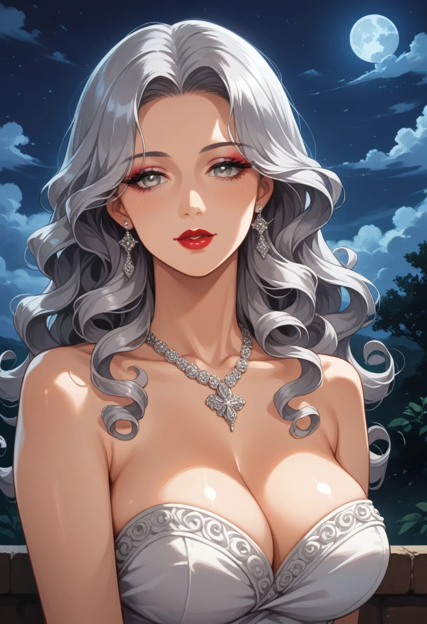 Anime, High-resolution illustrations, unrivaled masterpiece, ultra-realistic 8k CG, perfect artwork, (fidelity: 1.5), ((night)), cloudy, Very beautiful woman, ((mature woman)), pale skin, silver eyes, a gorgeous woman, breathtaking beauty, perfect skin, long hair, curly hair, silver hair, curly, perfect hourglass figure, (curvy body), ((makeup)) large breasts:1.2, (Compressed chest:1.3), (tempting body), create an image of a fantasy character wearing a backless white maxi dress that outlined her seductive body, makeup, lipstick, necklace, character in the middle, standing
