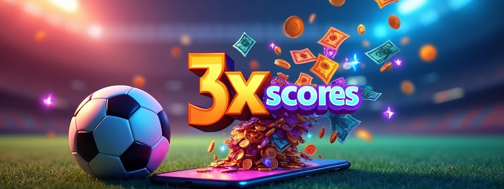 Design a vibrant promotional banner for a football betting mobile application. The banner should feature a football and a smartphone, with colorful bills and coins flowing out of the phone, representing big wins and excitement. The overall theme should capture the thrilling world of football gambling. Ensure that the app name '3xscores' is prominently displayed in bold, eye-catching text, styled as a logo. The logo design should include dynamic elements like a football icon or a trophy