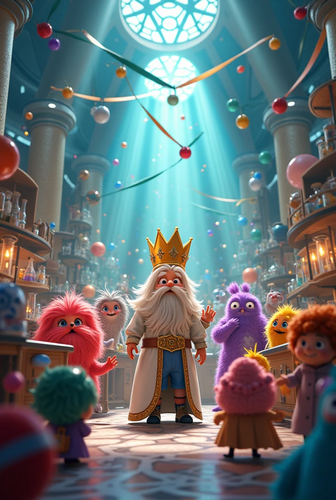 In a grand, brightly lit laboratory, a diverse group of animated characters, representing various elements from the Periodic Table, are gathered for a festive celebration. The central figure is King Hydrogen, depicted as a small, glowing character with a regal presence. Surrounding him are lively and animated scenes of different groups of elements, including the Alkali Metals, Alkaline Earth Metals, Transition Metals, Halogens, Noble Gases, and Metalloids, all interacting and showcasing their unique characteristics. The background should have a mix of scientific equipment and colorful decorations to highlight the festive atmosphere.