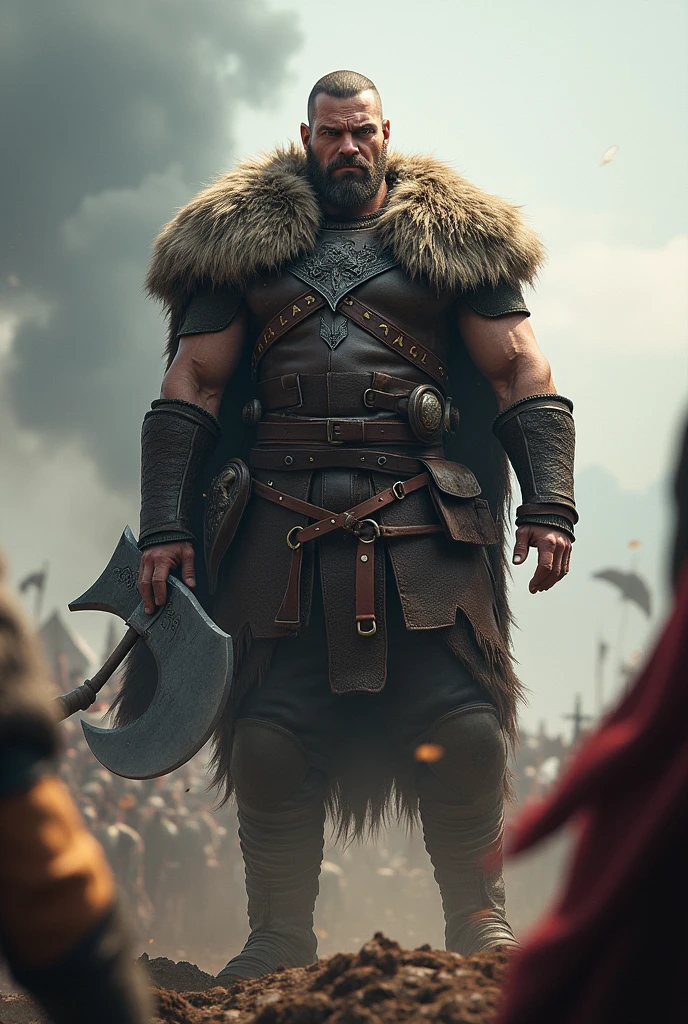 a Nordic man who looks like a warrior with an axe in his hand raised on the battlefield