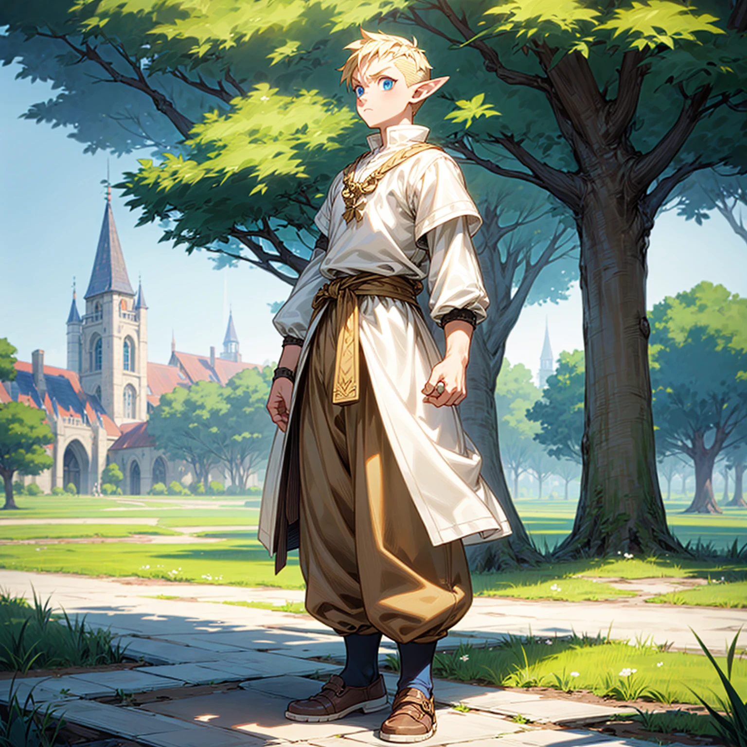 Solo character, full body version, , big muscle, (elf), blue eyes, blonde color hair, undercut hair, casual clothing, white color clothing, brown long pants, shoes, outdoor, park, village, medieval, standing gesture, detailed background, detailed clothing, detailed hair, (one piece style art)