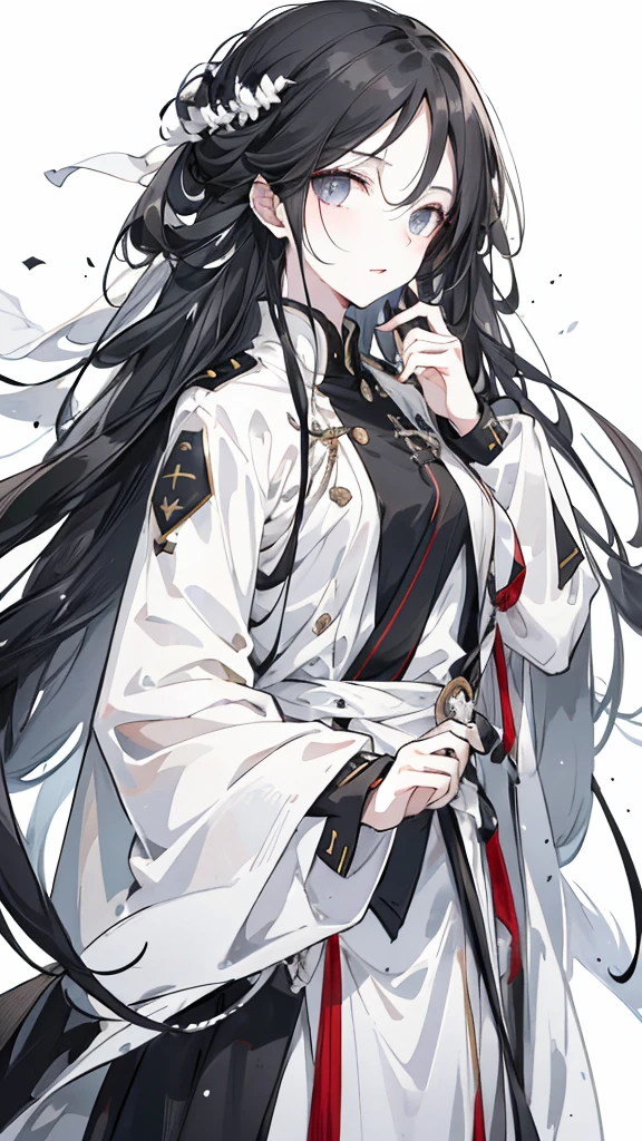 wagtail，Long black hair，Hair tips are white，Different colored eyes，The eyes are different color，The left eye is black，Right eye is silver，White military uniform with black decoration