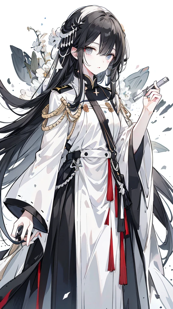 wagtail，Long black hair，Hair tips are white，Different colored eyes，The eyes are different color，The left eye is black，Right eye is silver，White military uniform with black decoration