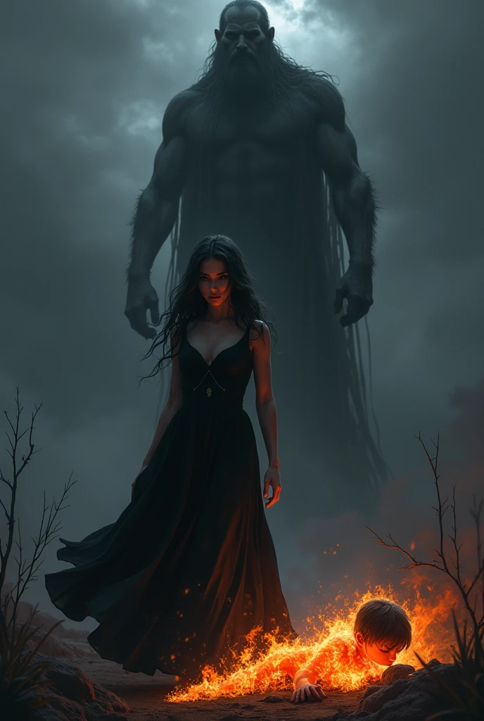 A cover for a novel called Goddess of Darkness -Nothing is what it seems-. That there is a girl in a black dress and a body looking at a boy of fire and in the background of them a figure of a titan like a human but that only its silhouette looks powerful