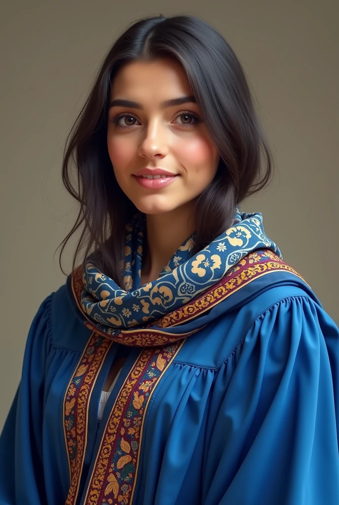 Plestia alaqad Wearing blue graduation clothes With a Palestinian scarf in her neck