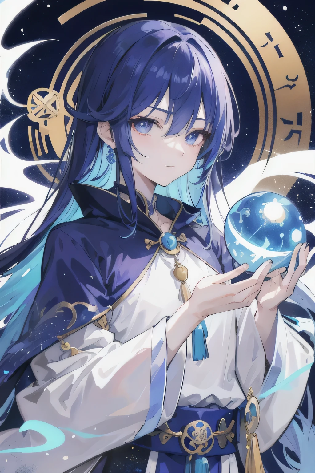 In anime style、Please design an icon for a male fortune teller character。The character is young々It has a cool but calm atmosphere.、The facial expression is friendly and trustworthy.。There is kindness and knowledge in his eyes.、Smiling lightly。
The background is a soft purple and blue gradient.、The character has a faint golden aura surrounding him.。This aura creates a spiritual atmosphere.、It emphasizes the mysticism of fortune tellers.。
The character holds a tarot card in one hand.、In the other hand, he holds a crystal ball lightly.。Tarot cards have symbolic images on them、The crystal ball is transparent and appears to have tiny stars and particles of light floating inside.。His attire、In a robe with deep blue and gold accents、A modern take on traditional fortune teller attire。
This icon is、While incorporating spiritual and mystical elements,、The design exudes reliability and familiarity。