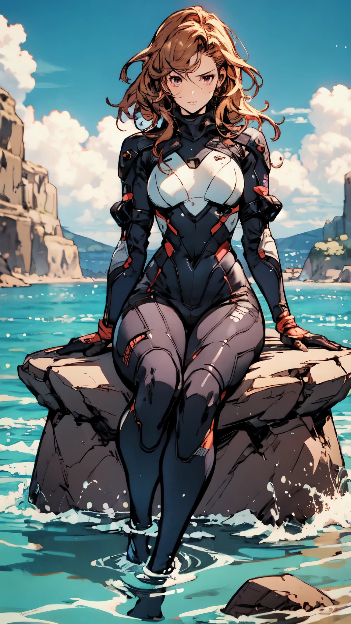 (masterpiece:1.2, best quality:1.2, extremely delicate:1.2), a mature women with long slightly curly brown hair, a well-defined face, intense eyes, a thoughtful expression, brown skin, tall and athletic build, a futuristic fantasy-style blue and black short-sleeved tight-fitting wetsuit, matching trousers, wrist guards, she sits leisurely on a seaside rock, this character embodies a finely crafted futuristic fantasy-style swimmer in anime style, exquisite and mature manga art style, dramatic, high definition, highres, ultra-detailed, ultra-fine painting, professional, perfect body proportions, golden ratio, anatomically correct, symmetrical face, extremely detailed eyes and face, high quality eyes, creativity, RAW photo, UHD, 32k, Natural light, cinematic lighting, (masterpiece-anatomy-perfect:1.2)