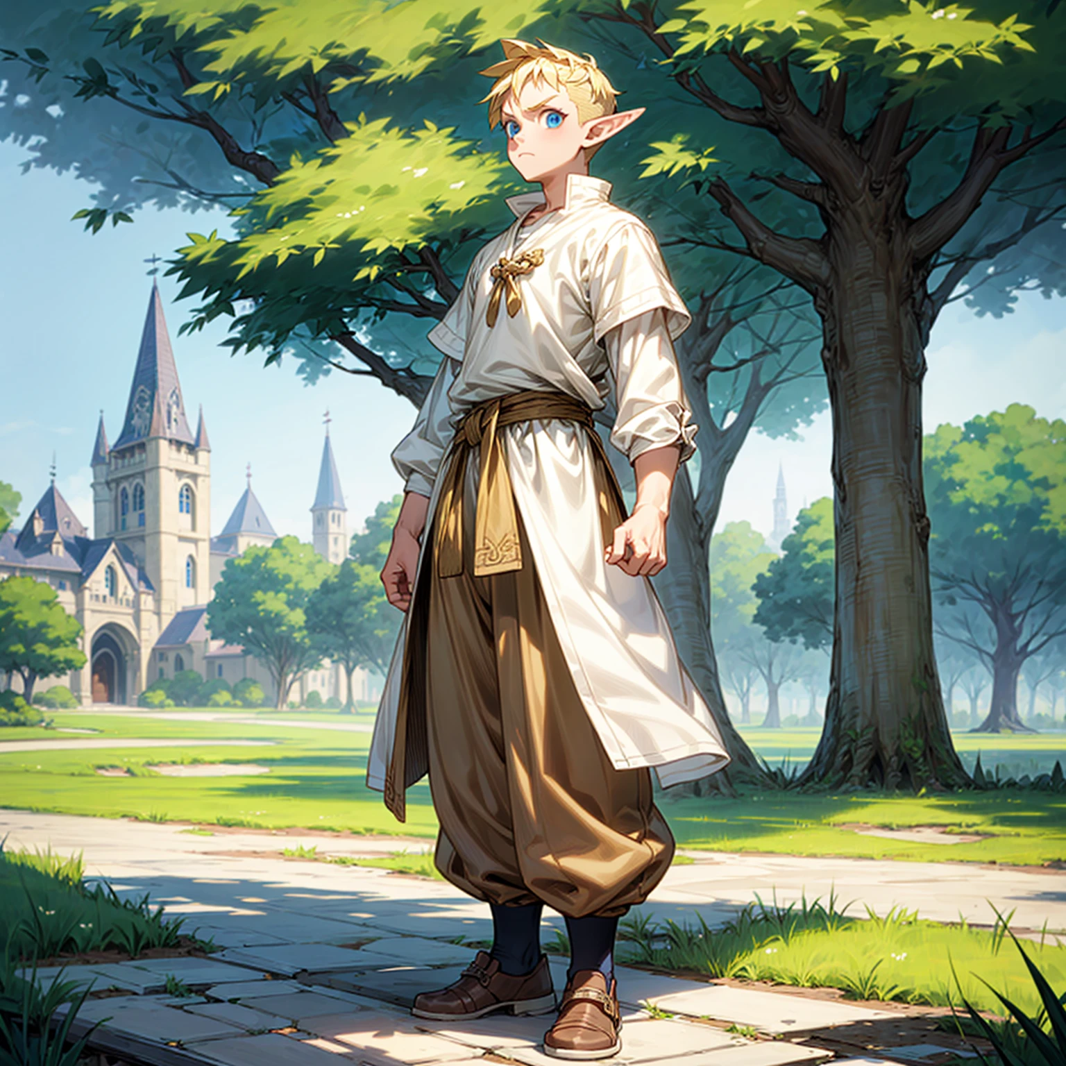 Solo character, full body version, kid boy, big muscle, (elf), blue eyes, blonde color hair, undercut hair, casual clothing, white color clothing, brown long pants, shoes, outdoor, park, village, medieval, standing gesture, detailed background, detailed clothing, detailed hair, (one piece style art)