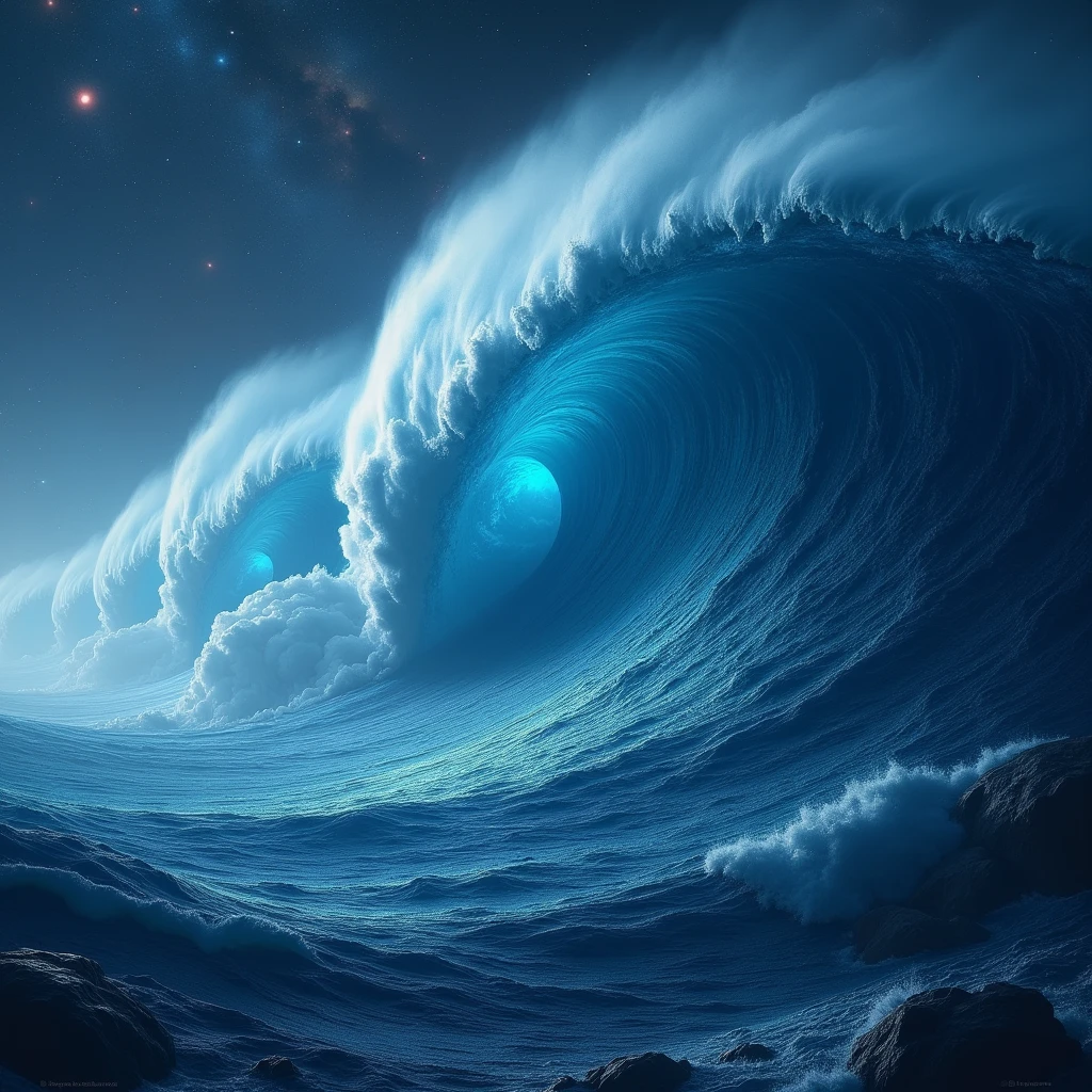 In the vast expanse of the universe, a majestic planet drifts, entirely covered by an ocean of liquid that stretches endlessly across its surface. The ocean is a deep, crystalline blue, with waves towering over 10,000 meters high, their sheer scale creating a breathtaking, almost apocalyptic vista. These colossal waves are formed by immense gravitational forces and cosmic tides, their crests capped with frothy, luminescent spray that glows with a soft, ethereal light.
The planet’s atmosphere is thin but vibrant, casting a faint, bluish hue over the ocean and the surrounding space. The waves move with a slow, rhythmic grace, creating deep, shadowy troughs and towering peaks that sparkle with the reflection of distant stars. Occasionally, the waves crash with thunderous force, sending up massive plumes of mist and vapor that drift lazily into space.
In the distance, the planet is bathed in the light of a distant, colossal star, its rays piercing through the ocean’s surface and illuminating the towering waves from beneath, creating a dramatic interplay of light and shadow. The vastness of the ocean stretches to the horizon, where the curvature of the planet becomes evident, and the surrounding space is filled with distant galaxies, nebulae, and the occasional passing comet, adding to the sense of isolation and grandeur.