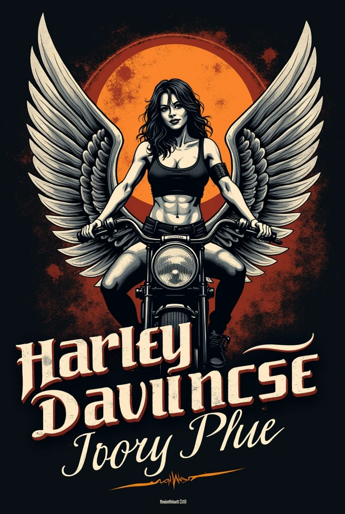 Logo de moto club da harley-davidson com motor com asas tipo old school com o nome iron horse com mulher