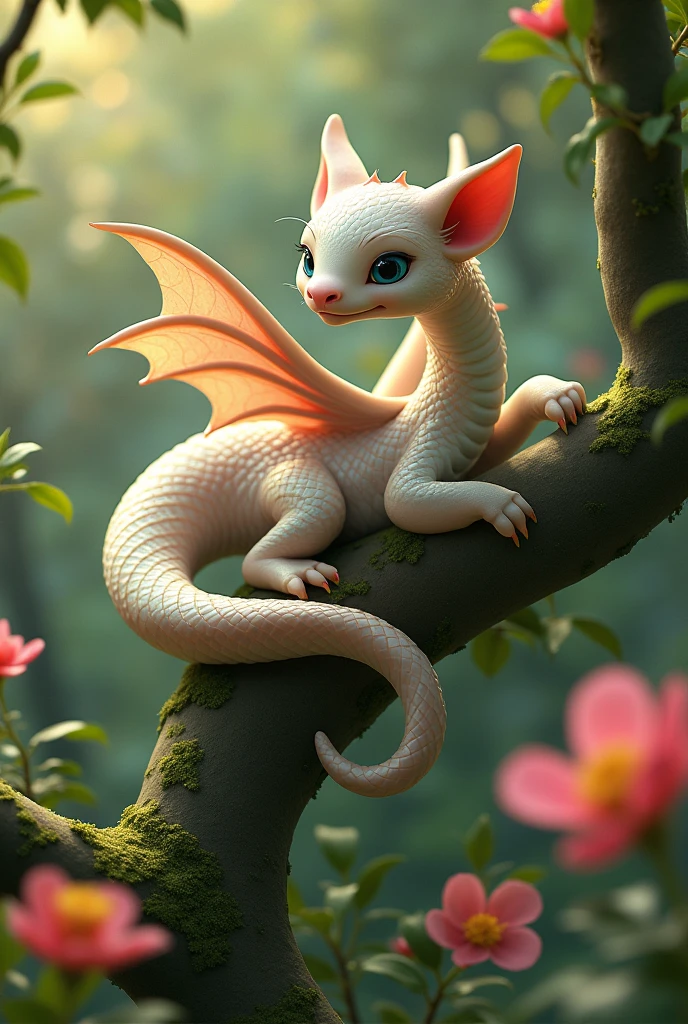 Cute beautiful snake with four feet and wings that was attractive Without horns and with feet on a tree in a garden