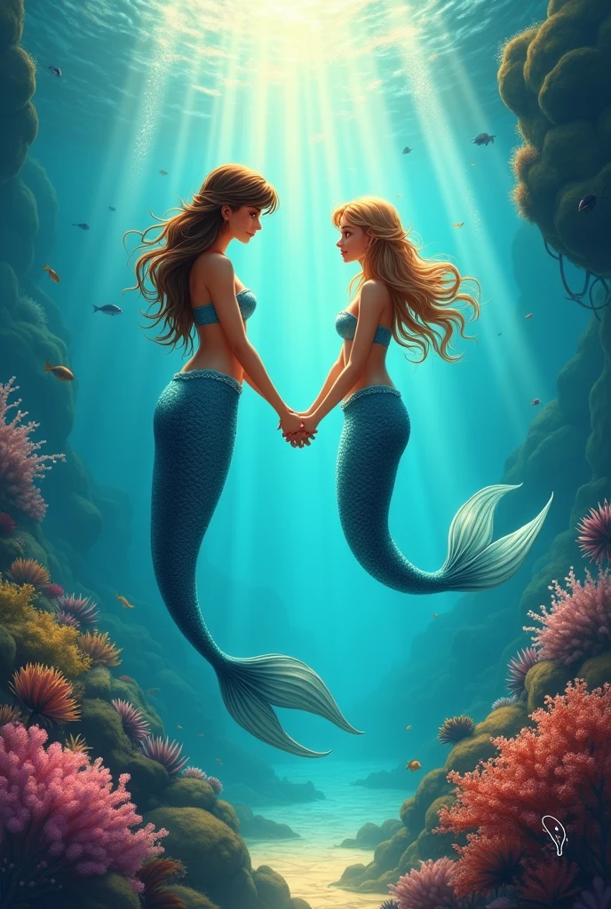 Fantasy underwater world, full of magical creatures and bright colors. Deep on the ocean floor, majestic underwater castles rise up, built from colorful corals. There are lovely mermaids with long hair swimming around, with sparkling tails, rushing past unique origami jellyfish, emitting soft light, which illuminates the mysterious corners of this underwater kingdom. Mystical fish play in the water, shimmering with all the colors of the rainbow. There is an indescribable feeling of magic and peace floating around this magical landscape.."
Elements of the image:
Underwater castles made of corals: Tall and detailed structures made from sparkling corals, various shapes and colors, standing on the ocean floor.
mermaids: Several mermaids with long, with tails wrapped around, decorated with fish scales, reflecting glare of light. mermaids могут разговаривать или играть между собой.
Glowing jellyfish: Jellyfish, floating in the water, emitting soft light, creating a mysterious glow around them.
Mystical fish: Fish with unusual shapes and bright color schemes, moving on water, like multi-colored lightning.
background: Deep Sea Shades of Blue, green and turquoise, complemented by light effects and plankton particles, creating the illusion of depth and life.
