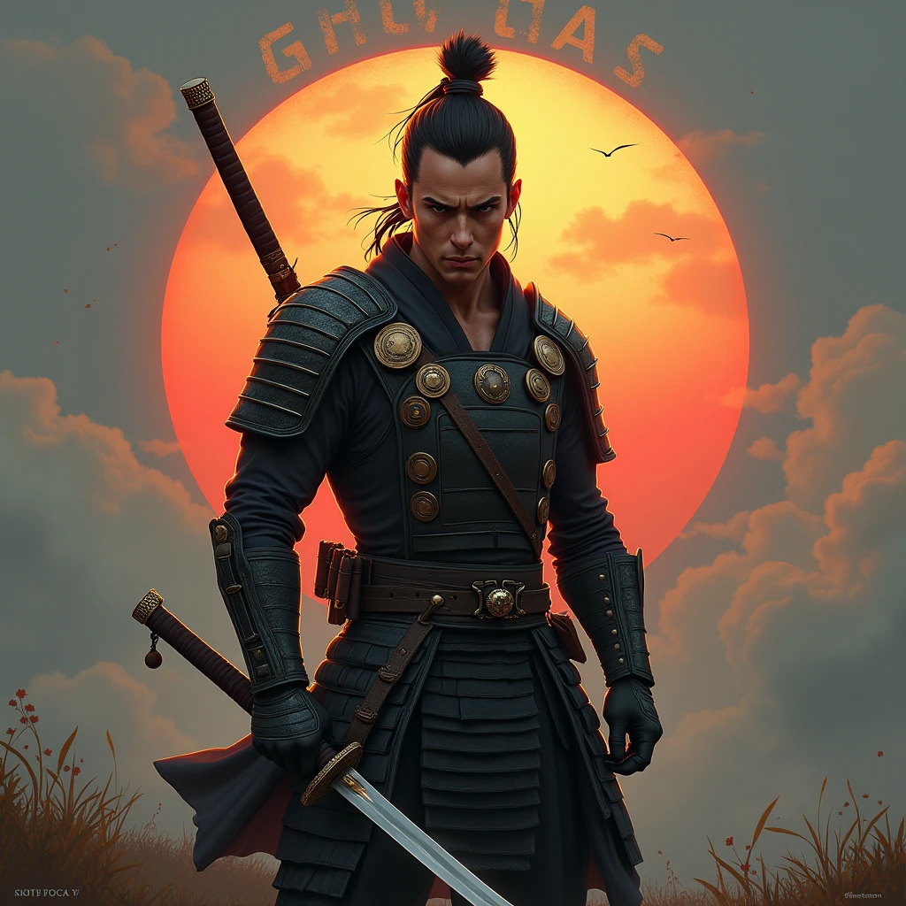 Pour créer l'image réaliste comme une photographie, imaginez un guerrier , vêtu d'une armure de samouraï torse nu. Il tient un katana japonai. L'arrière-plan contient son nom " Grey Gay " avec un arc-en-ciel.