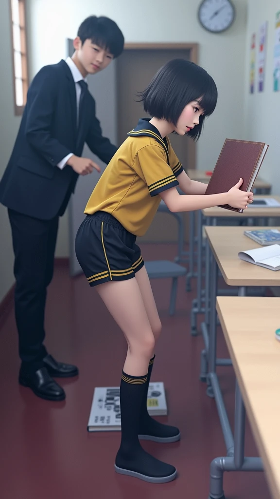 (photorealism:1.2), girl with almost short hair wearing a yellow short-sleeved uniform shirt with black stripes on the shoulders and black mini shorts with yellow stripes on the sides and made of synthetic material and she drops her books and bends down to pick them up and she looks good with a big ass and sexy and a boy comes and spanks her