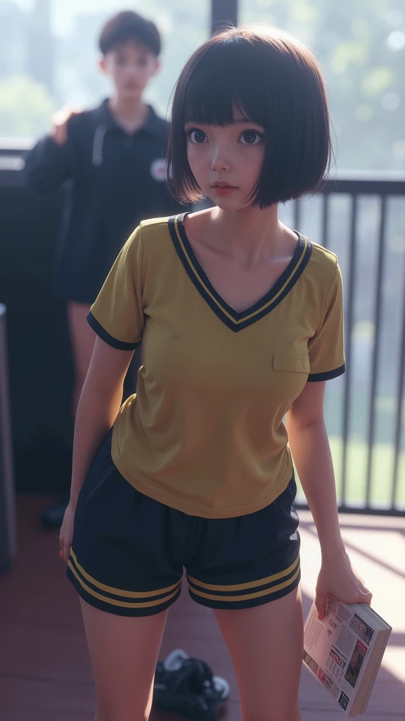 (photorealism:1.2), girl with almost short hair wearing a yellow short-sleeved uniform shirt with black stripes on the shoulders and black mini shorts with yellow stripes on the sides and made of synthetic material and she drops her books and bends down to pick them up and she looks good with a big ass and sexy and a boy comes and spanks her