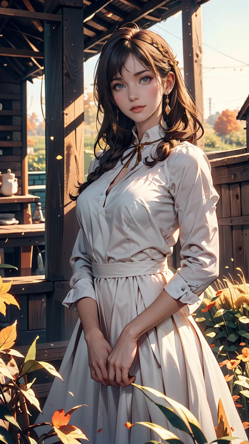 One person, 20-year-old, Tall and attractive, Wearing a cute country dress, Braided hair, Standing on a rural farm. She's gentle, A kind smile and expressive eyes. A charming barn can be seen in the background., Golden wheat fields and clear blue skies. The composition should be bathed in warm golden hour light., The soft depth of field and soft bokeh accentuate the idyllic tranquility.. Capture images that look like they were shot on vintage 35mm film for added impact, movie,