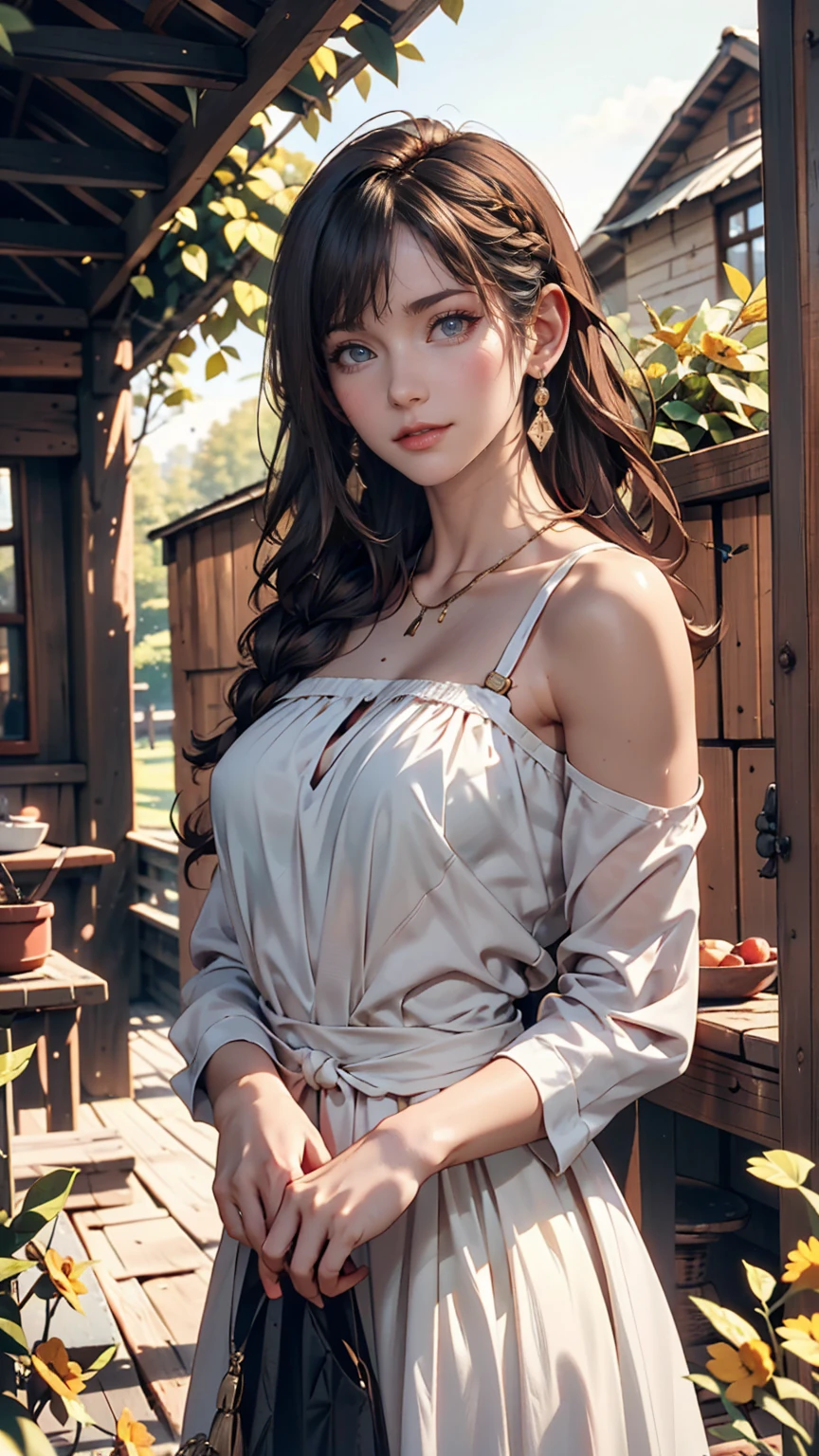 One person, 20-year-old, Tall and attractive, Wearing a cute country dress, Braided hair, Standing on a rural farm. She's gentle, A kind smile and expressive eyes. A charming barn can be seen in the background., Golden wheat fields and clear blue skies. The composition should be bathed in warm golden hour light., The soft depth of field and soft bokeh accentuate the idyllic tranquility.. Capture images that look like they were shot on vintage 35mm film for added impact, movie,