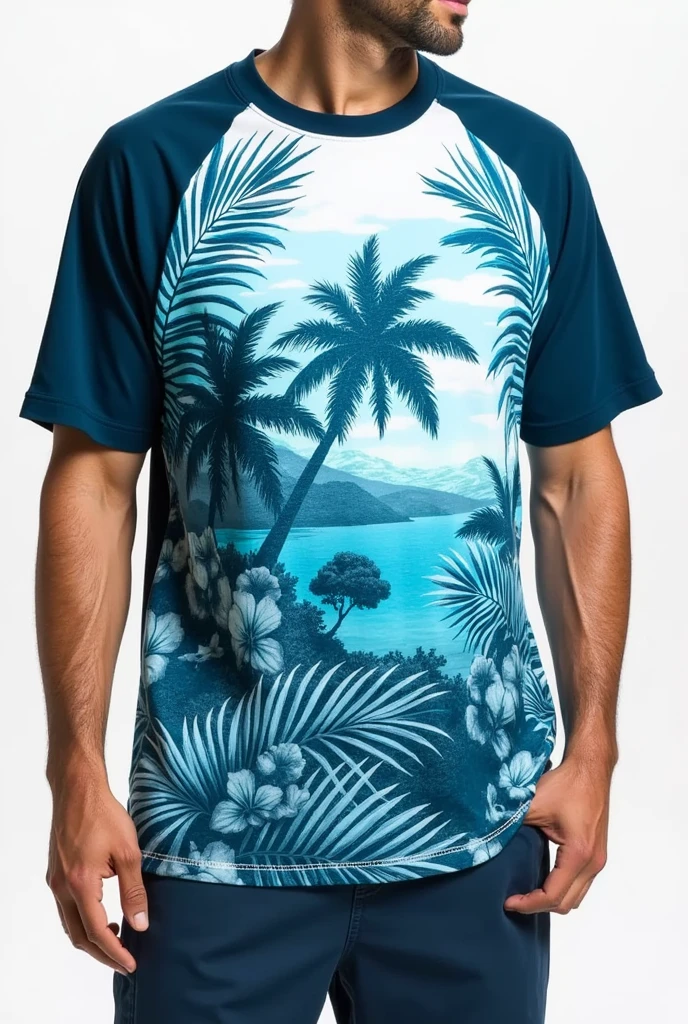 Create a BASEBALL shirt that doesn&#39;t say JETZODIAM that has the colors turquoise blue, dark blue and white with things from Hawaii 