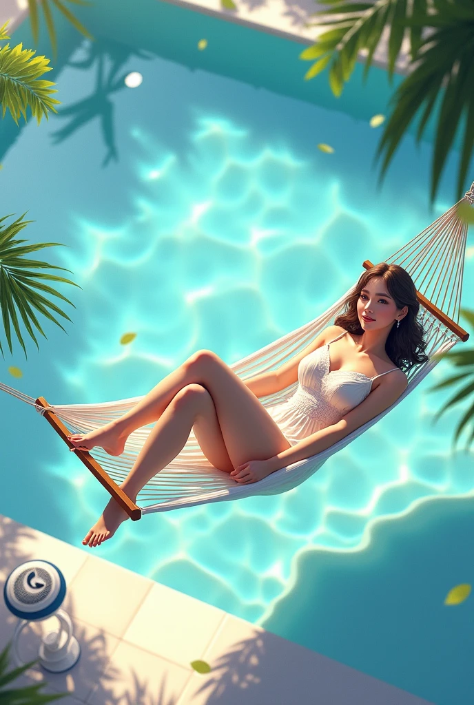 A woman lies on a hammock in the summer, not falling, a blue pool and a fan nearby Really