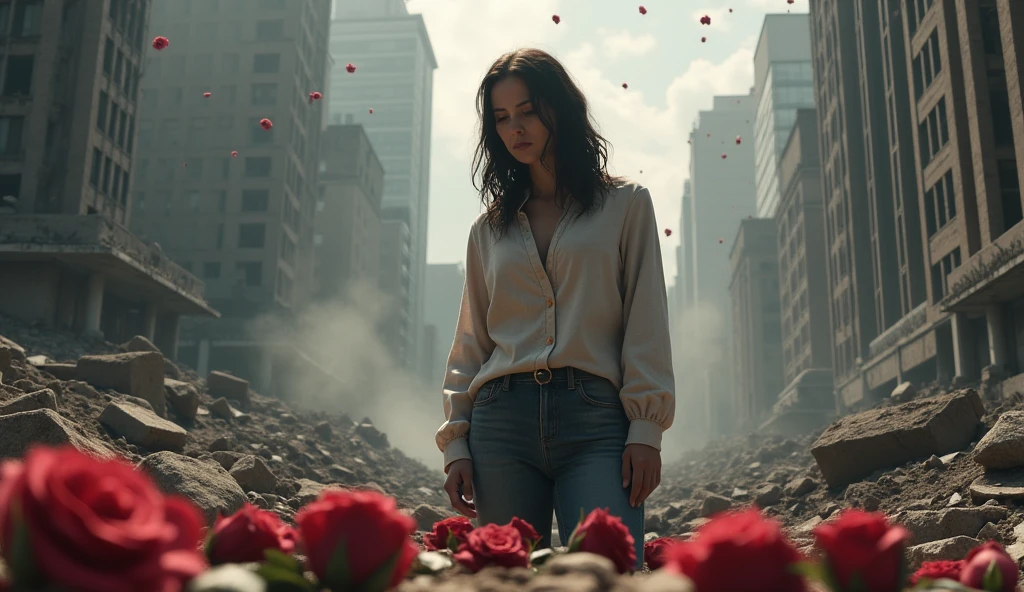 2024; (masterpiece, best quality) destroyed city roses on the floor(New York); flowers on the ground; 1sad woman sold looking Down(close-up); bombs falling from the sky.; fire around.