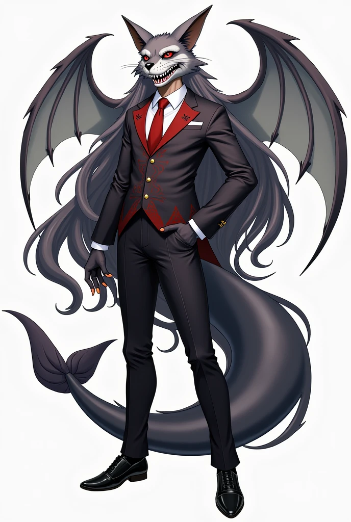 Tall human male, bat ears, bat wings, shark tail, fox fur on the cheeks, fox fur on some parts of the body, shark teeth, he's wearing a suit with red paterns, full body picture, long hair