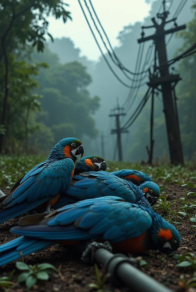 Make a screen with the three themes: Threats to wild animals:
Trafficking, deforestation/fires, power lines. Also place dead blue macaws on power lines and on the floor. 