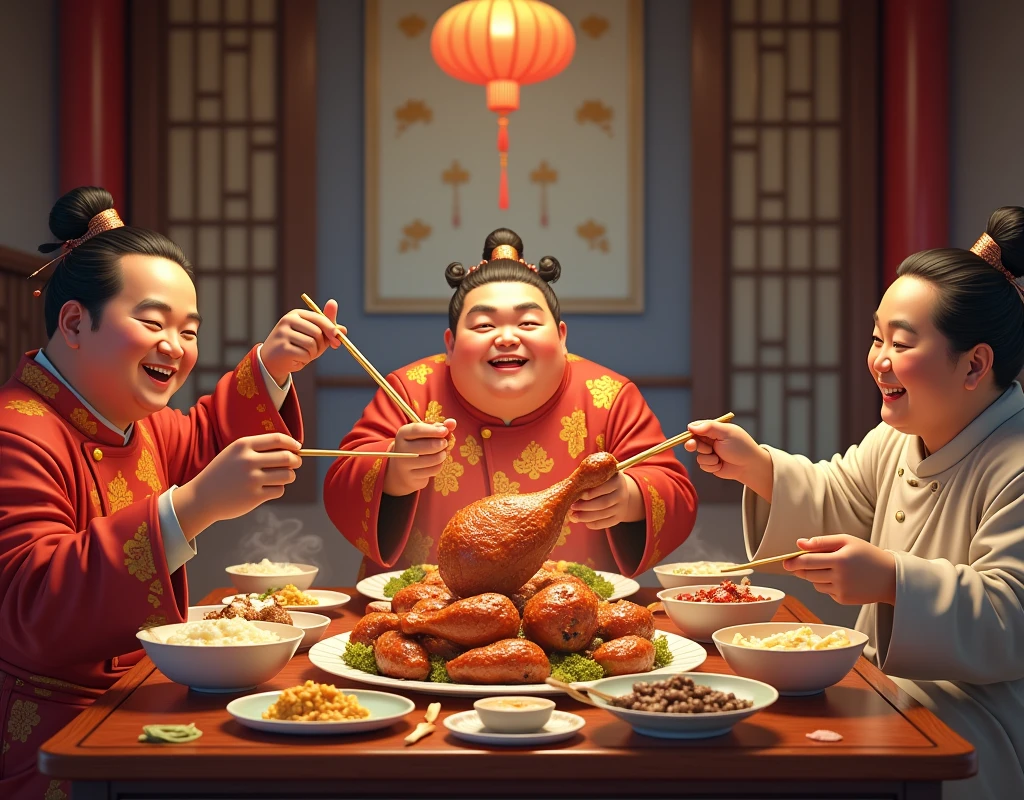 Realistic style,rich,Fat Chinese people,Holding a big chicken drumstick,Eating heartily at the table,Real People