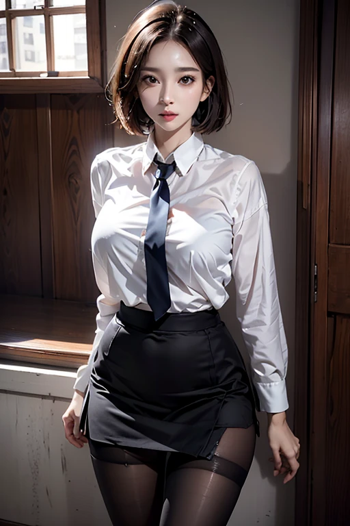 8K, Masterpiece, Raw Photo, Best Quality, Photorealistic, High Resolution CG Unity 8K Wallpaper, Depth of Field, Cinematic Lights, Lens Flare, Ray Tracing, 1 Woman (Very Slim, Slender, Fit Muscular Body: 1.3), (very beautiful) face, beautiful lips), beautiful eyes) Full body portrait, one girl, Kurobuchi glasses, sitting in the office, elite secretary, Realistic, white silk shirt, pencil skirt, black Pantyhose, pumps, shiny medium hair, bangs, top quality, looking at the viewer (with arms crossed)