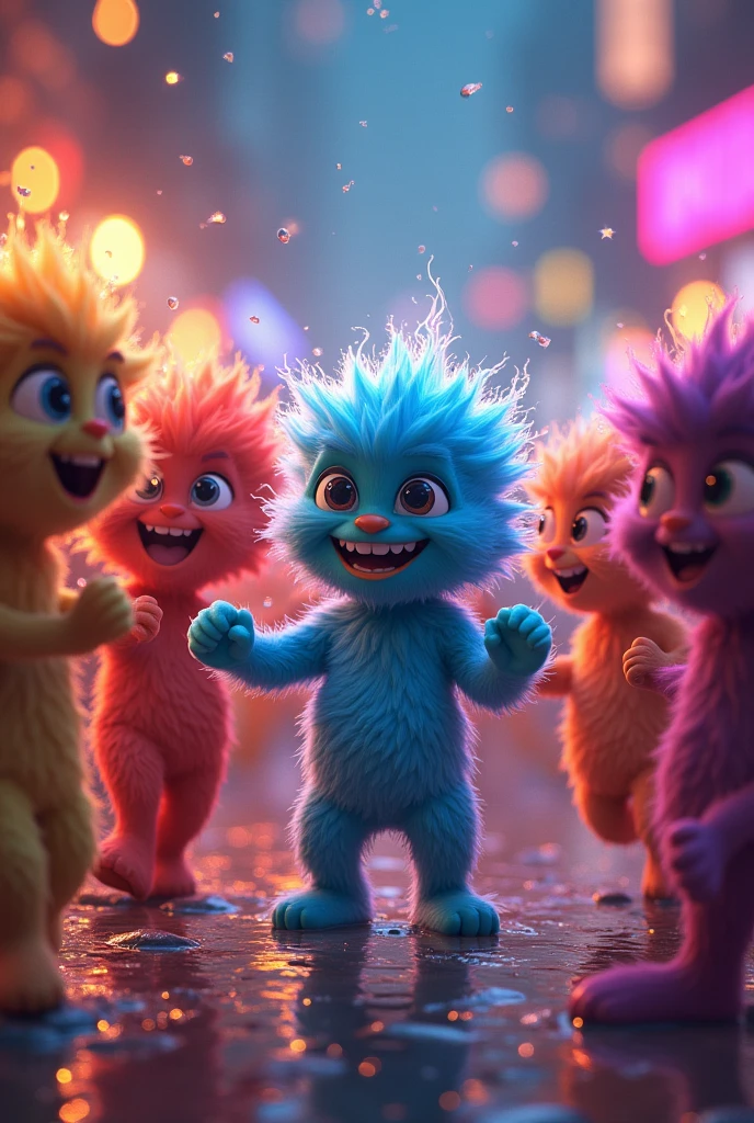 The Alkali Metals—Lithium, Sodium, Potassium, Rubidium, Cesium, and Francium—arrive at the party, depicted as energetic and slightly mischievous characters. They are shown reacting with animated water droplets, creating bright flashes and sparkling effects to illustrate their high reactivity. The scene should have a dynamic feel with glowing energy effects and a splash of colors to emphasize their lively nature.