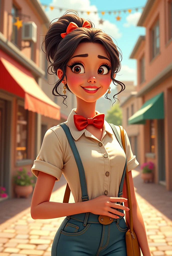 Create a Pixar-style image of a bow-tie entrepreneur dreaming of opening her own bow-tie shop