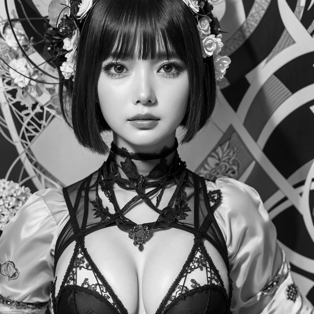 Stingy, Genshin Impact, Absurd,High resolution,Super detailed,ultra-Detailed Background,Detailed Background,Very detailed,One person,bouquet,(Tangled:1.2),(Geometric:1.2) Black and white color palette, monochromatic, big , Cleavage, Side bust, lingerie, Realistic depiction