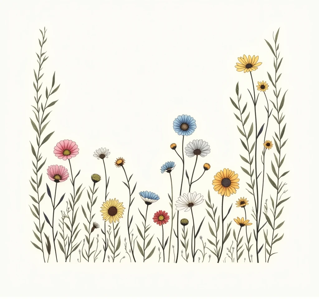 ((best quality)), ((masterpiece)), (detailed), Hand drawn wildflowers illustration: Small drawing with thin line art and soft colors, detailed vignettes of wildflowers arranged in clusters or frames, ,.