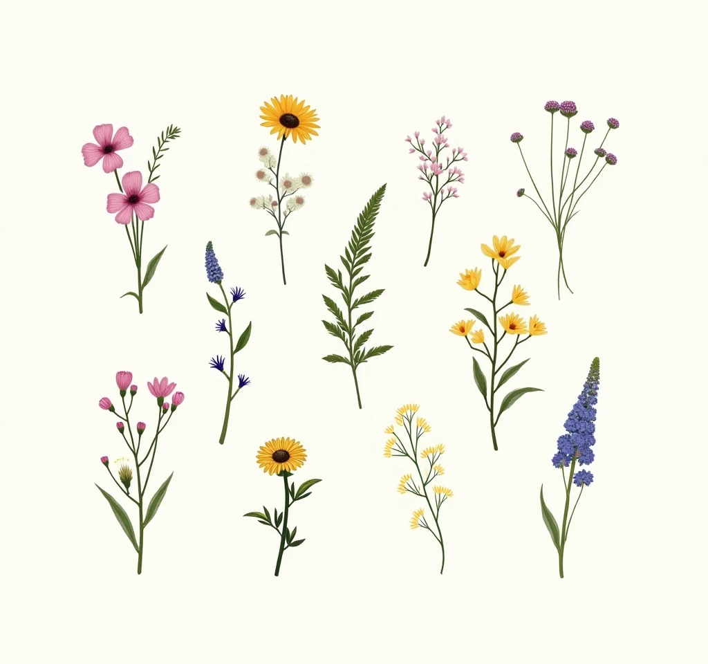 ((best quality)), ((masterpiece)), (detailed), Hand drawn wildflowers illustration: Small drawing with thin line art and soft colors, detailed vignettes of wildflowers arranged in clusters or frames, ，.