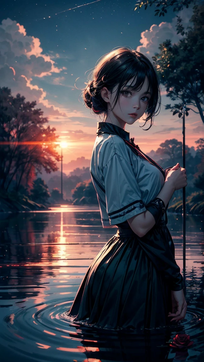 A serene, mist-covered lake at twilight, with a single blooming rose floating gently on the water’s surface, casting a soft, warm glow. Rose glows bright red, bioluminescent nature, The scene is surrounded by dense trees, their silhouettes reflecting on the still water, and a few birds soaring in the sky, adding a touch of mystery and romance, symbolizing peace and love. Dynamic pose, Strong contrast, Good depth of field, Masterpiece, Aesthetic Mystical illustration in realistic style, best quality, natural light, high res, highly detailed, All the colors and materials in this work are very harmoniously combine, Like the same color. Best quality. 8K Ultra HD. Clouds in the sky