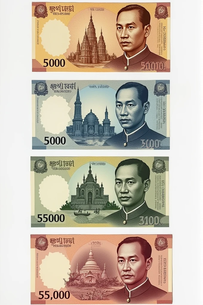 I wanna make my own banknotes for 100, 200, 500, 1000, 5000, 10000, 50000 RISES as usual, in different colors. At the front side of 15.5 cm x 6.9 cm of notes, General Aung San pic will appear with the value, and at the back, different Myanmar’s popular places will appear. Note; white watermark is at the left side of front view, and if couse at the right side of back mote. Make them in one sheet as a professional.