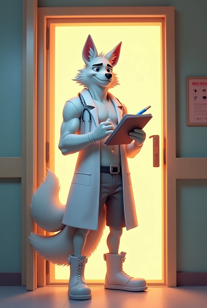 individual, White body, muscle, Standing in front of a glass door, Lower your head, Taking notes, Serious expression, frown (Doctor's clothing,, White Mask, notebook, Blue pen, White boots, Black pattern: 1.2), Wolf Tail, Wolf ears, ((bust)), (indoor: 1.35), incandescent indoor lighting, Hospital corridor, shadow (particle, Soft lighting, White glow): 1.3, White coat, Anatomically correct, Simple background, cartoon, Warm colors, Soft lines