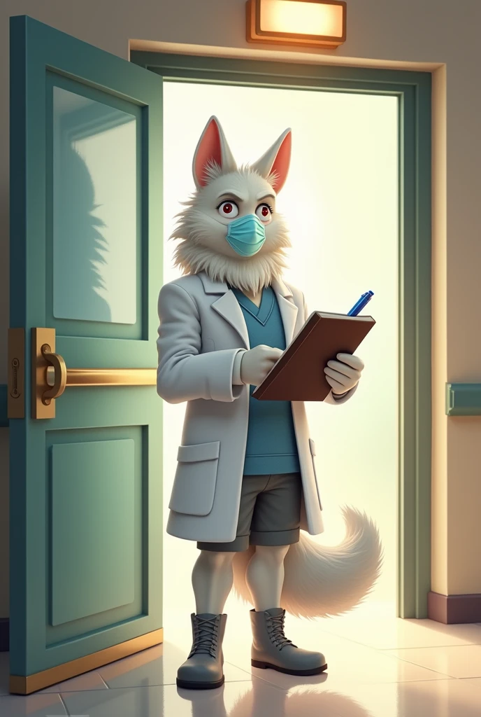 individual, White body, muscle, Standing in front of a glass door, Lower your head, Taking notes, Serious expression, frown (Doctor's clothing,, White Mask, notebook, Blue pen, White boots, Black pattern: 1.2), Wolf Tail, Wolf ears, ((bust)), (indoor: 1.35), incandescent indoor lighting, Hospital corridor, shadow (particle, Soft lighting, White glow): 1.3, White coat, Anatomically correct, Simple background, cartoon, Warm colors, Soft lines