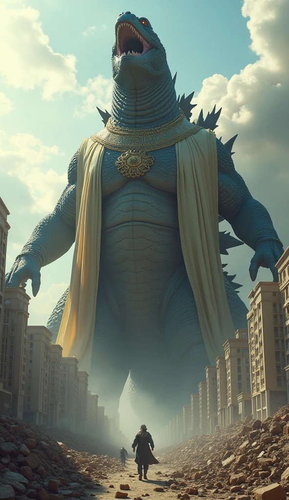 Make me a realistic photo of a giant Godzilla, wearing Israeli clothes, destroy the city, surrender humans to death