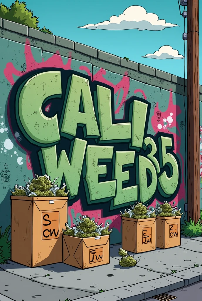 springfield avec un mur ou il y'a tagé Cali Weed35 avec avec des boites marron de weed ou il y'a ecrit C.W et sur les boites marron des petits pochon transparent de canabis en cartoon