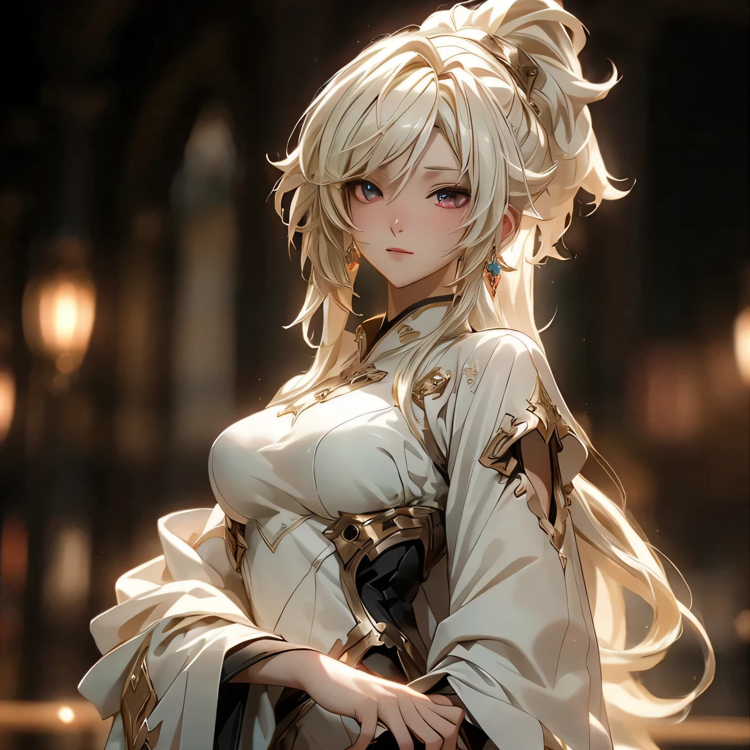 (best quality)), ((Masterpiece)), (details:1.4), 3d, HDR (high dynamic range), an image of a beautiful cyberpunk female, Blonde hair, High ponytail, Red eyes, จมูกโด่ง, ปากแดง, หน้าอกใหญ่, nvidia RTX, PBR surface, After processing, Anisotropic filtration,depth of field, Maximum clarity and clarity, multi-layered surface, Subsurface scattering, perfect proportions, 8K raw files, ultra detailed, Perfect proportions, volumetric lighting, soft lighting, Holy paladin, Paladin Armor, glossy skin, castle background, jewely, ต่างหู, นิ้วมือสมบูรณ์,