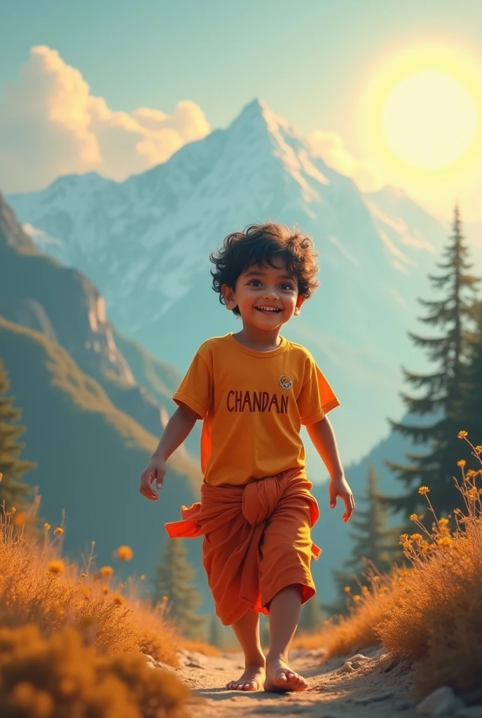 years old boy walking and hanuman coming after him and hanuman's hand putting on Boy head on mountains. Both are smiling. boy is wearing saffron t-shirt and name "CHANDAN" write on it with bold. he looks very realistic, cute, tilak Deccan on your head, and happy. very realistic pictures, high quality picture, realistic mountain, forest moment.sun lights reflection , the words"Happy Hanuman Janmotsav" write top Sky. make sure text must be correct & Visible.