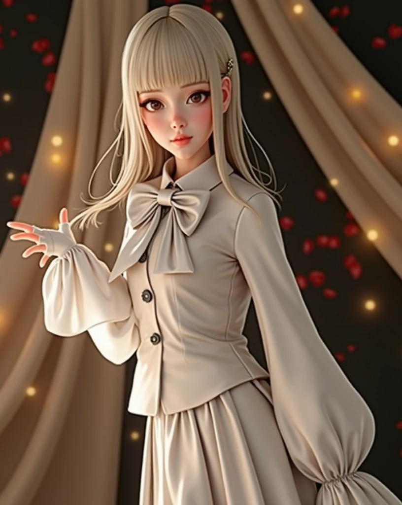 festive outfit, black blouse with long back, bow on neck, in the style of nobility 